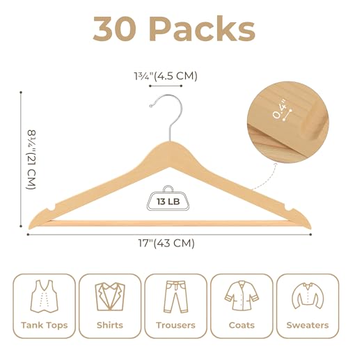 GRANNY SAYS Clothes Hangers for Closet, 30 Pack Wood Hanger, Heavy Duty Wooden Hangers for Coats, Suits, Pants, Natural Wood Color