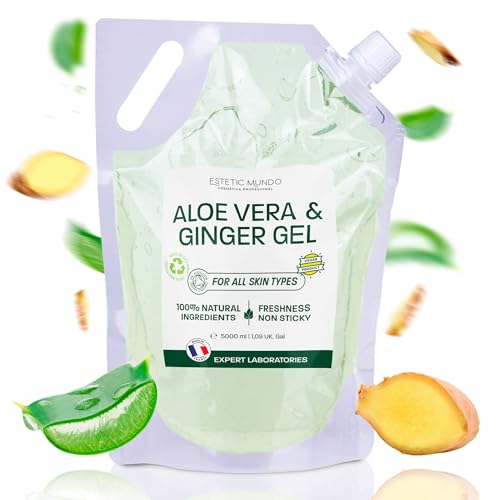 Gel de Aloe Vera & Jengibre – Hidratante y Reafirmante Natural – Con Aloe Fresco Ecológico de España – Uso Facial, Corporal y Capilar – Post-Solar, Piernas Cansadas, After Shave 5000 ml
