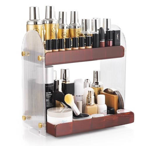 Bathroom Counter Organizer,2 Tier Bathroom Counter Organizer Kitchen Spice Rack Cosmetic Organizer,Countertop Storage Shelf for Bathroom, Living Room, Bedroom, Dressing Table Amber
