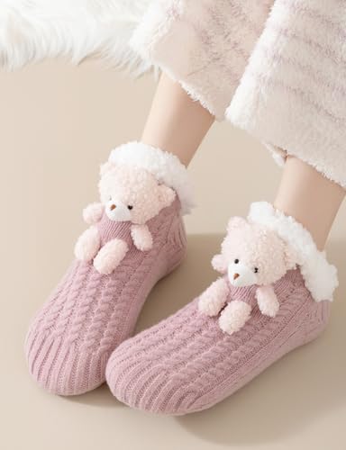 Image of Cute Slipper Socks for Women, Winter Warm Floor Fuzzy Socks, Cozy Sherpa Slipper Socks, House Sleeping Socks