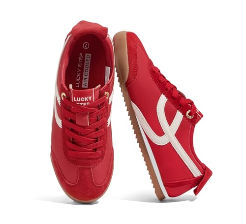LUCKY STEP Women's Retro Fashion Sneakers Thin Sole Casual Walking Lightweight Tennis Trainers Running Gym Workout Classic Comfortable Athletic Shoes(Red,8.5)