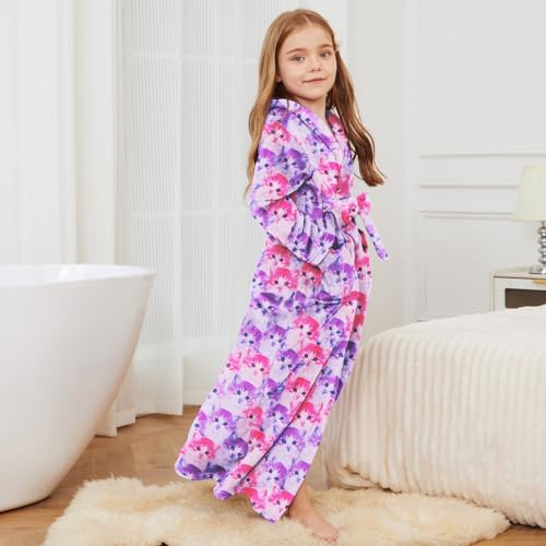 Image of Jxstar Girls Bathrobes Kids Long Hooded Robes Plush Full Length Coral Fleece Pajamas Sleepwear