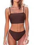 CUPSHE - Conjunto de bikini de dos piezas para mujer; traje de baño con top bandeau, cuello cuadrado, cintura media, fruncido, tirantes delgados, Marrón chocolate, M