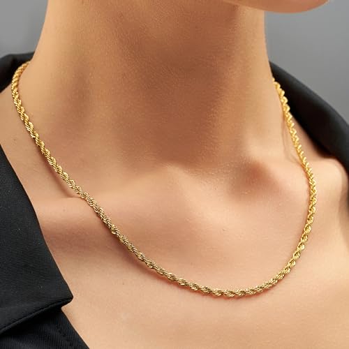 LIFETIME JEWELRY 24k Gold Plated 3mm Gold Rope Chain for Men & Women Diamond Cut Gold Chain Necklace Women & Necklace for Men 14 to 36 Inch3