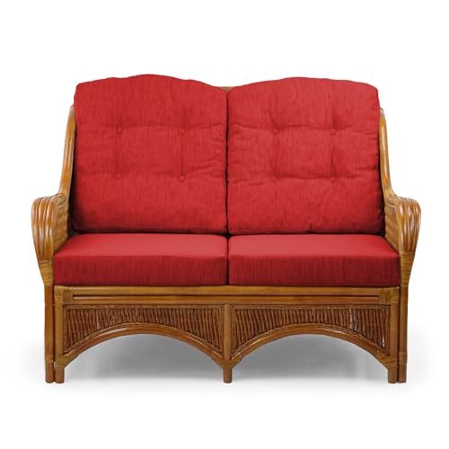 Jam Design Handmade Rattan Wicker Lounge Loveseat Sofa Couch with Red Cushion, Colonial - Thumbnail 3
