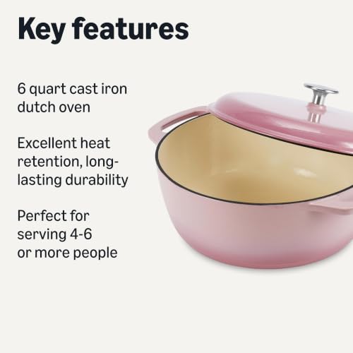 Image of Amazon Basics Enameled Cast Iron Dutch Oven Pot with Lid, Round, Dual Handles, Heavy-Duty, Oven Safe for Stews, Roasting, Baking, 6-Quart, Light Pink