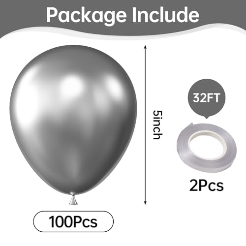 Image of Metallic Silver Balloons, 100 pcs 5 inch Thick Latex Chrome balloons for Balloon Garland Arch, Birthday Decoration, Wedding Party, Baby Shower Decorations