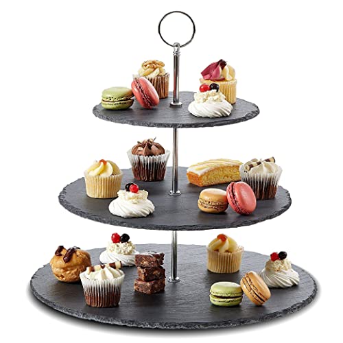 Qhecomce Schiefer Etagere 3 Etagen - 3-stöckiger Tortenständer aus Schiefer, Cupcake Servierturm für Hochzeit, Geburtstagsparty, Heimdekoration Cover