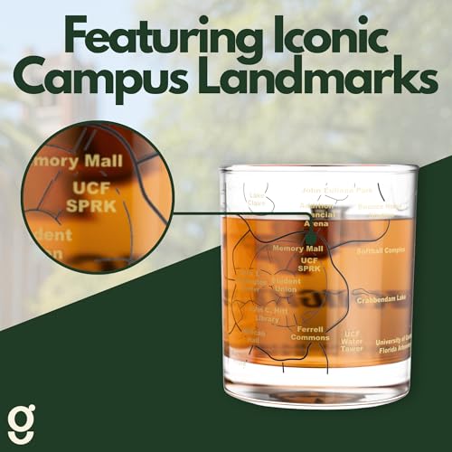 Image of Greenline Goods University of Central Florida Knights Whiskey Glasses Set of 2, 10 oz Rocks Glasses with Full-Color Logo & Campus Map - Officially Licensed Bourbon Glass Gift for Alumni & Fans