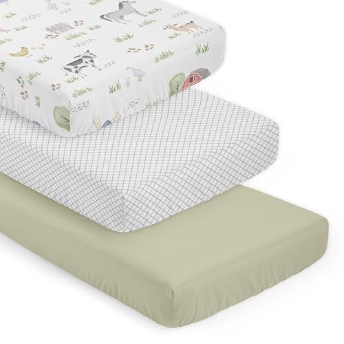 Image of Sweet Jojo Designs 3-Piece Baby Crib Sheets Set (Farm Animals) for Girls /Boys, Infant Nursery, Toddler Room - Fitted, Standard Size (White & Grey Lattice, Solid Sage Green & Watercolor Farmhouse Barn)