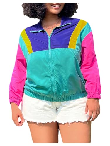 Floerns Women's Plus Size Color Block Jackets Collared Full Zip Long Sleeve Windbreaker Outwear