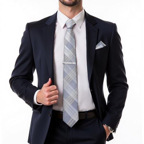 Image of DiBanGu Plaid Ties for Men Silk Checkered Necktie and Pocket Square Cufflinks Tie Clip Set with Gift Box for Wedding Business