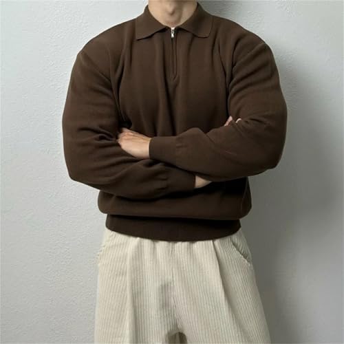 Men's Long Sleeve Pullover Solid Half Zipper Sweaters V-Neck Knitted Oversized Breathable Sweater4