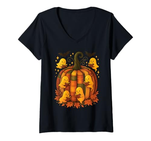 Femme Halloween Ghost Fall Book Citrouille Reading Teacher T-Shirt avec Col en V