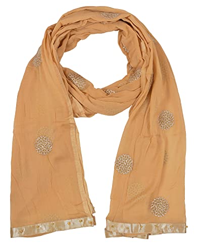 Image of YOUTHQUAKE Golden Floral Embroidery Work Chiffon Dupatta for Womens & Girls with Fancy Moti Lace