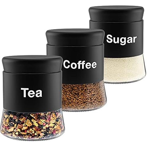 GADGETWIZ Sugar Tea Coffee Containers Set, Black Canisters for Kitchen, Stainless Steel with wording Sugar Tea Coffee Containers Set, Stainless Steel Home Décor Centerpiece Decorative Kitchen. 26OZ Cover