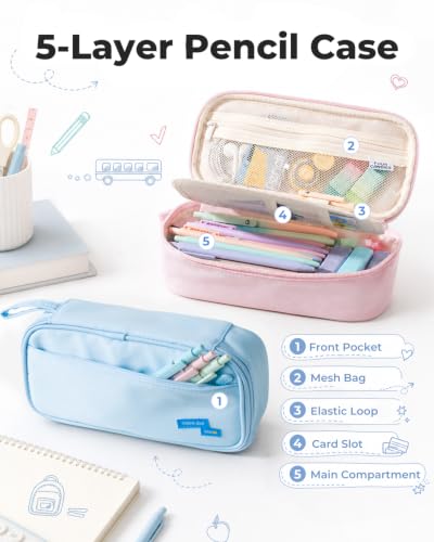Four Candies Large Pencil Case, 5 Compartments Pen Organizer, Big Capacity Canvas Pencil Pouch Bag for School Supplies, Portable Stationery Holder for Teen Girls, Women (Peppermint Green) — view 3