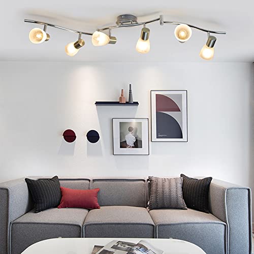 Dllt 6-Light Flexible Track Lighting Rail, Modern Directional Led Spot Ceiling Light Fixture With Glass Shade, E12 Base For Living Room, Dining Room, Bedroom, Kitchen, Brush Steel #TOP1
