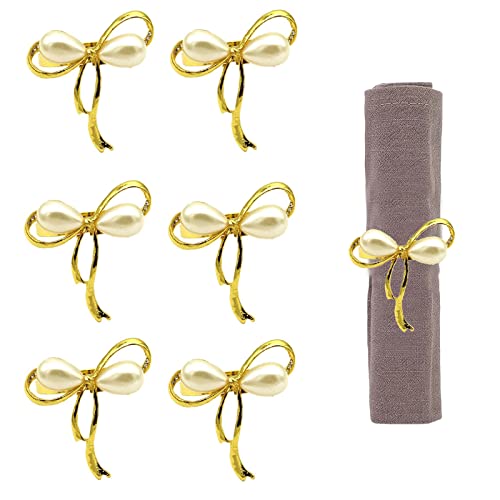 Servilleteros de San Valentín: 6 soportes para servilleteros de perlas con lazo dorado, hebillas de metal para bodas, vacaciones, Navidad, cenas, fiestas, decoración de mesa Cover
