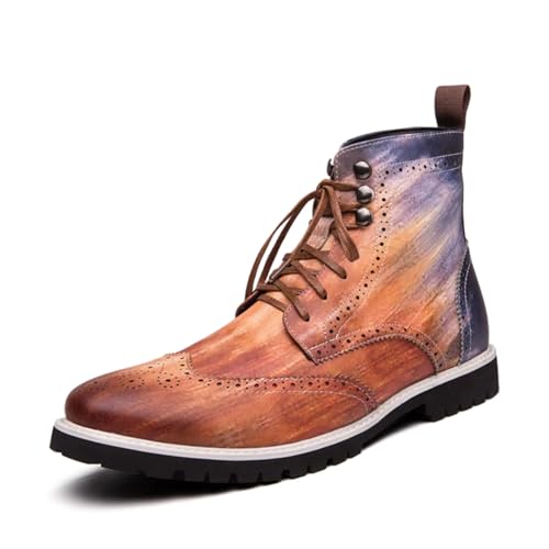 Mens Retro Brogue Leather Lace-Up High Top Ankle Boots Casual Vintage Wingtip Chukka Dress Boots for Business Office Daily Formal