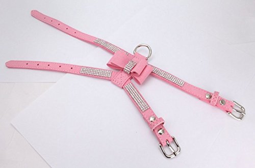 Vivibear Dog Harness Collar Bling Diamond Glitter Crystal Adjustable Collar Puppy Cat Dog Harness Chest Strap Lead Dogs Supplies Accessories Rhinestone Dog Necklace Pu Leather Bow-Knot.(Pink S) #TOP5