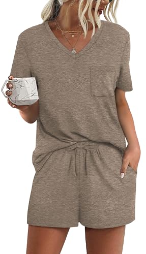 RUBZOOF Pajamas for Women Shorts Set V Neck Casual Summer Short Sleeve Lounge Sets Grey XL