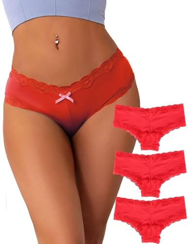 comeondear Bragas de Mujer Talla Grande Encaje Braguitas Brasileñas Elásticos Tangas Sexy para Mujer Tanga Hilo Cintura Baja String Ropa Interior Sexy Lenceria Thong 3 Pack Rojo,XL XXL