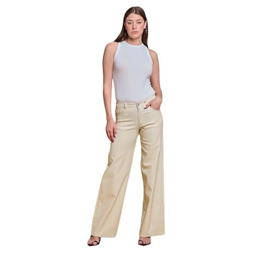 LOVER BRAND FASHION Women's High - Waisted Super Stretch Faux Leather Wide - Leg Pants Multiple Colors for Trendy Looks (US, Alpha, Small, Regular, Regular, Ivory)