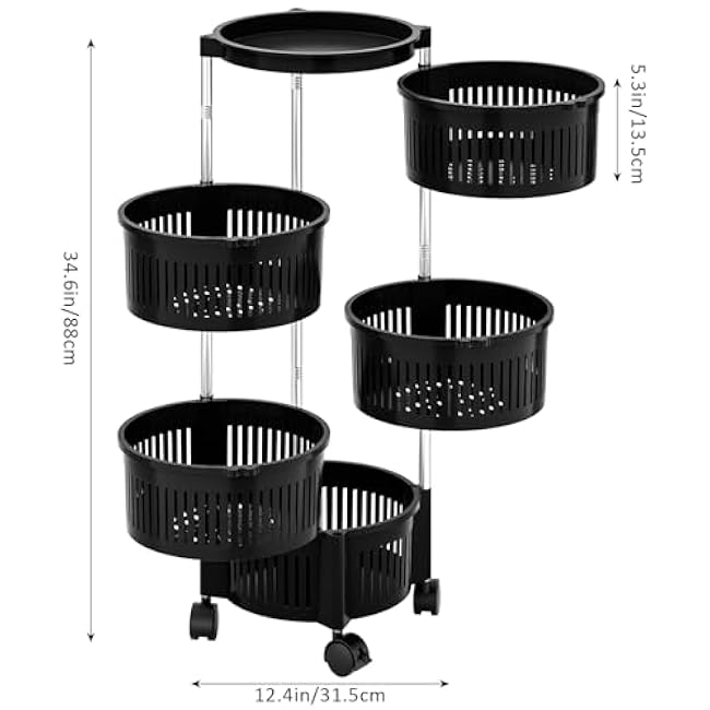 Rotating Kitchen Storage Rack No Assembly, 5-Tier Metal Storage Tower Basket Shelves Organizer on Rolling Wheels with Removal Drawers,Kitchen Fruit Vegetable Storage Organizer Black 5 Layers-LKv9sRYM