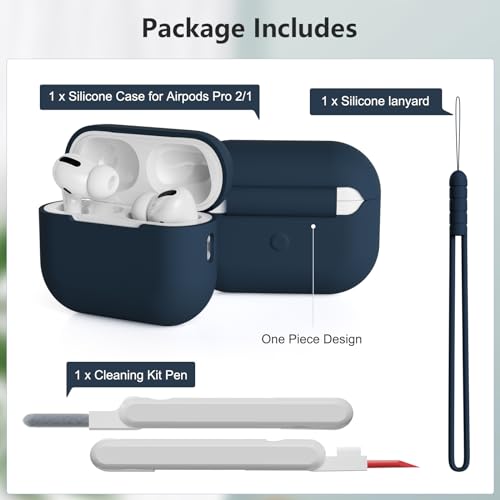 KOKOKA Case Cover Compatible for AirPods Pro 2 (2023/2022/2019) with Cleaner Kit and Lanyard, Soft Silicone Shock Absorbing Protective Case for AirPods Pro 2nd/1st Generation, Midnight Blue - Image 6