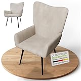 Juskys Ohrensessel Odense ohne Hocker, Relaxsessel mit Cord-Stoff, skandinavischer Stil, hoher Rücken & gepolstert, Stahlgestell – Beige