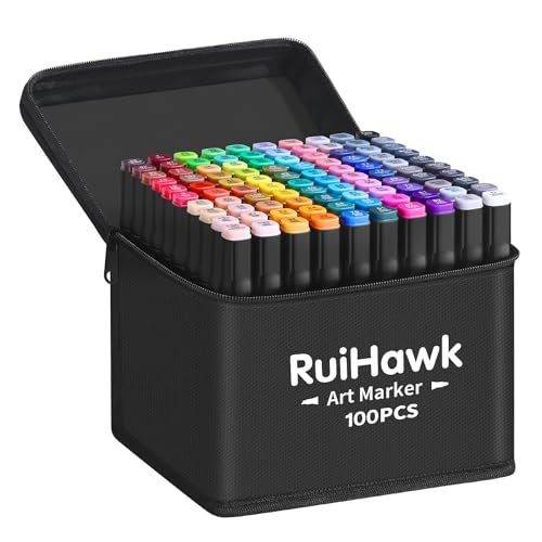 RuiHawk Feutre Alcool, 100 Couleurs Feutre a Alcool Pointe Double, 2S Séchage Rapide Marqueur avec Pochette de Transport et Espaceur, Feutres Coloriage Adulte pour Croquis Coloriage Calligraphie