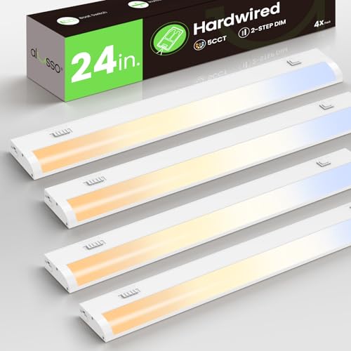 Image of ALUSSO 24 Inch LED Under Cabinet Lighting Hardwired 120V, 5CCT Color Selectable 2700K-5000K Dimmable 15W 1200LM High Brightness, CRI 90+ Strip Linkable Under Counter Lights for Kitchen Sink, 4 Pack