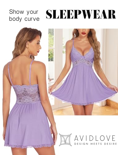 Image of Avidlove Women Chemise Night Gown Lace Modal Sleepwear V-Neck Full Slip Babydoll Lingerie Sexy Nightgowns