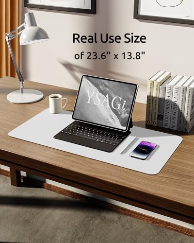 YSAGi Leather Desk Protector, Office Mat, Large Mouse Mat, Non-Slip PU Leather Blotter, Laptop Desk, Waterproof Writing Pad for Office and Home (White, 23.6" x 13.8") - Thumbnail 5