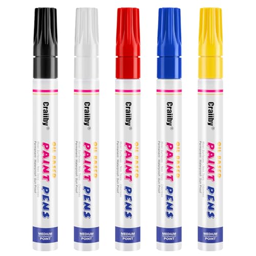 5 Colors Oil-Based Paint Markers Waterproof Quick Dry Permanent Paint Pen for Rocks Painting Wood Fabric Plastic Canvas Glass Mugs Metal Tire Stone DIY Craft