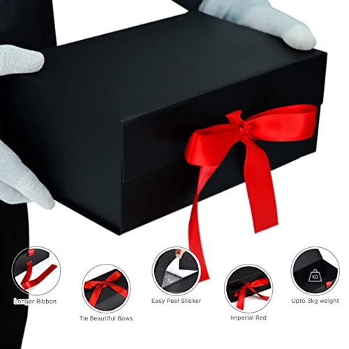 Image of RBS - Black Gift Boxes for Packaging (Empty) 23 x 16 x 10cm Holds Upto 5kg, Multipurpose Valentine Gift Boxes for All Occasions (1 Pack) Cardboard Boxes Empty Gift Box for Presents (Red Ribbon)