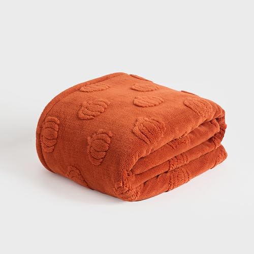 OHS Halloween Fleece Throw Blanket for Sofa Super Soft Cosy Warm Tufted Pumpkin Fleece Blanket for Bed Settees Armchairs Lightweight Fluffy Double Bed Throws Rust - 130 x 160cm