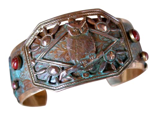 Elaine Coyne Wearable Art Olive Patina Owl with Renaissance Motif Cuff Bracelet - Jasper