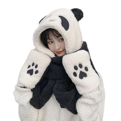 3 in 1 Panda Hat Scarf and Gloves for Women Girls Winter Warm Furry Hood with Hand Pocket Mittens Windproof Cycling Hat Gloves Neck Warmers Thick Plush Animal Cosplay Headwear