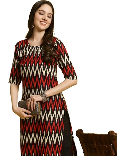 Image of Banshri Fashion Women's 3 /4 Sleeve Zigzag Round Neck Crepe Printed Kurta for Women