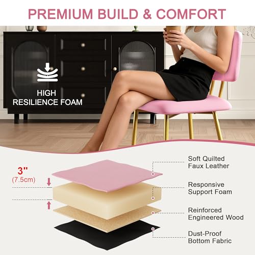 VECELO Dining Chairs Set of 4, Modern Upholstered Kitchen Chairs with Faux Leather Cushion Seat & Metal Legs for Kitchen, Living Room, Tufted Backrest Design, Pink by VECELO - Used condition - Image 4