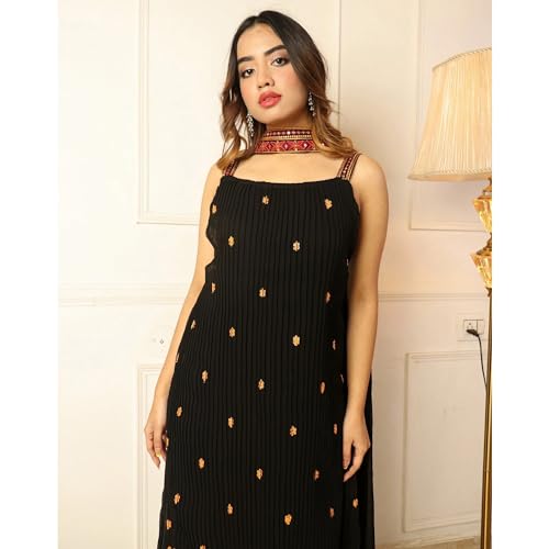 Image of Fashion Basket Georgette Embroidered Black Kurta Set for Women