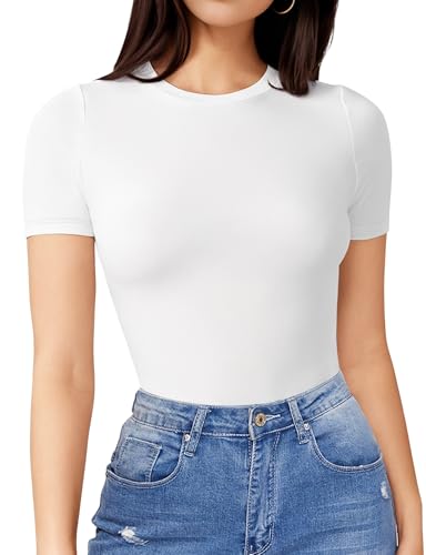 Bodysuits for Womens Crew Neck Short Sleeve Body Suits Going Out Outfits Summer Baisc Leotards Tops Onesie Shirts2