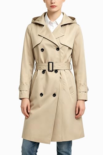 Gabardina impermeable para mujer con capucha extraíble y cinturón ajustable 2