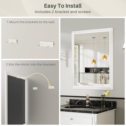 24x32 Inch White Bathroom Mirror for Wall, Thick Metal Framed Rectangle Mirrors for Over Sink, Bedroom, Living Room, Entryway, Anti-Rust, HD Tempered Glass