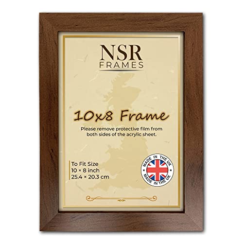 10 x 8 Inch Walnut Picture Photo Frame (25.4x20.3 cm) - Flat Wall Mount Hang Hooks & Free Tabletop Stand Poster MDF Wooden Portrait/Panoramic Clear Acrylic Display
