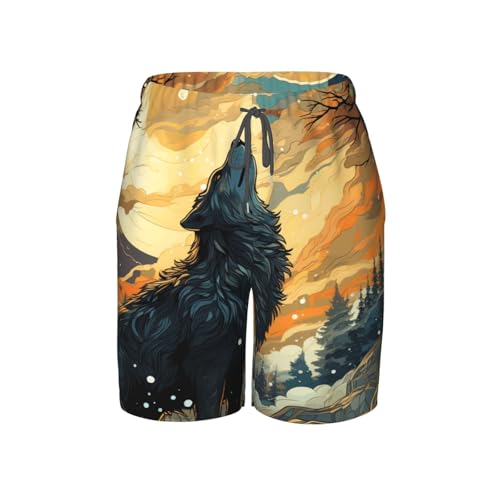 Boys Swim Trunks Beach Board Shorts Summer Bathing Suits Teen Kids, Wolf Howling Moon Cool Art