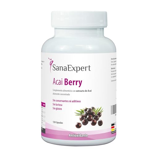 SanaExpert Acai Berry - Suplemento Alimenticio Natural con Extracto Puro de Açaí - Rico en Antioxidantes - Apto para Veganos, Sin Gluten, Sin Lactosa - 120 Cápsulas - Fabricado en Alemania