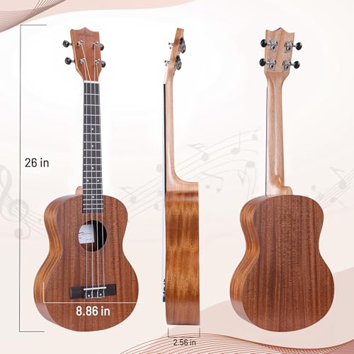 ADM Ukulele Beginner Kit Mahogany Hawaiian Wood Ukelele Bundle Ukalalee Set with Uke Free Starter Lessons for kids Students and Adults, Yellow Brown (Khaki, 26 Inch) - Thumbnail 4